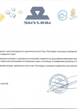 Благодарственное письмо компании «Скай Линк ЮГ»